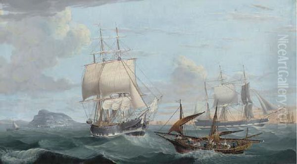 Merchant Shipping And A Mediterranean Pinke In Close Quarters Offgibraltar Oil Painting by William Hull