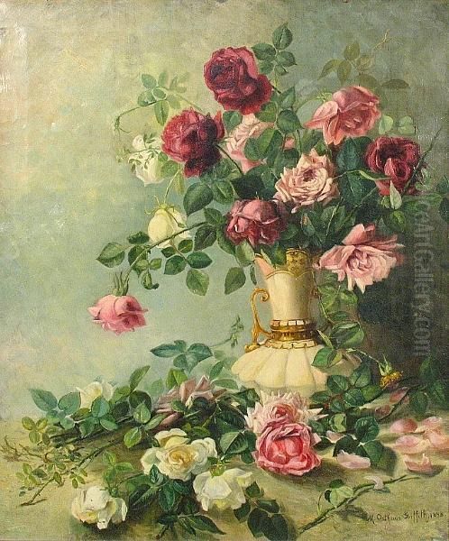 A Still Life With Red, Pink And White Roses In A Vase Oil Painting by Marie Osthaus Griffith