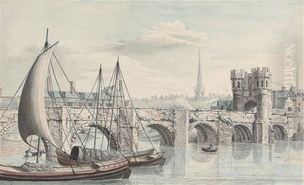 The Welsh Bridge At Shrewsbury Oil Painting by Moses Griffiths