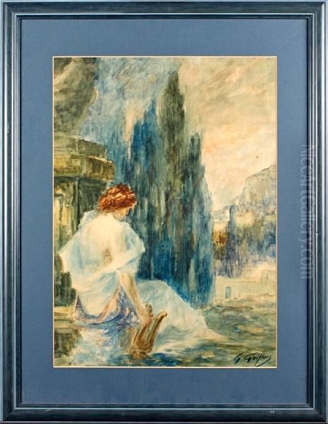 Maiden With Lyre In An Italiana Telandscape Oil Painting by Gabriel Griffon