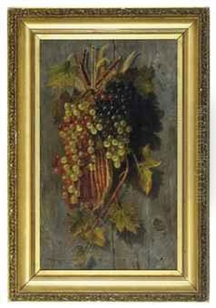 Grapes And Corn Husks Hanging Against A Wooden Wall Oil Painting by Samuel W. Griggs