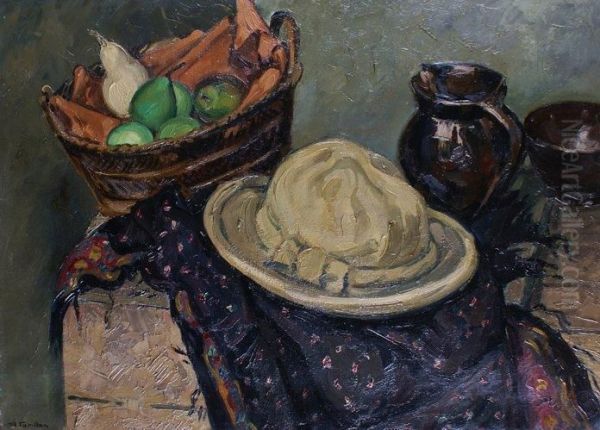 Nature Morte Au Panier De Fruits Et Au Chapeau Oil Painting by Roger Grillon