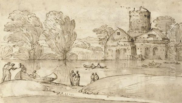 Figures And Boats Near A Fortified Farmhouse On A Lake Oil Painting by Giovanni Francesco Grimaldi