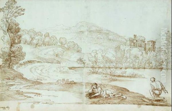 Paysage D'italie Avec Deux Figures Masculines Au Bord D'un Lac Oil Painting by Giovanni Francesco Grimaldi