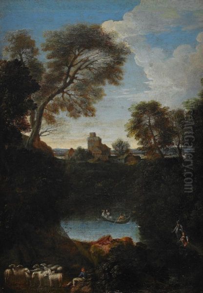 Pastoralt Landskap Oil Painting by Giovanni Francesco Grimaldi