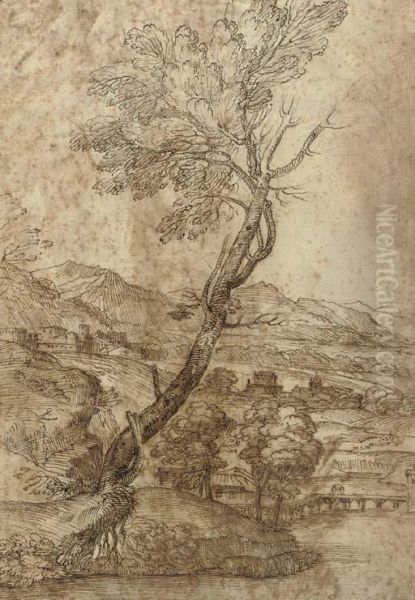 An Extensive Landscape With A Tree Oil Painting by Giovanni Francesco Grimaldi