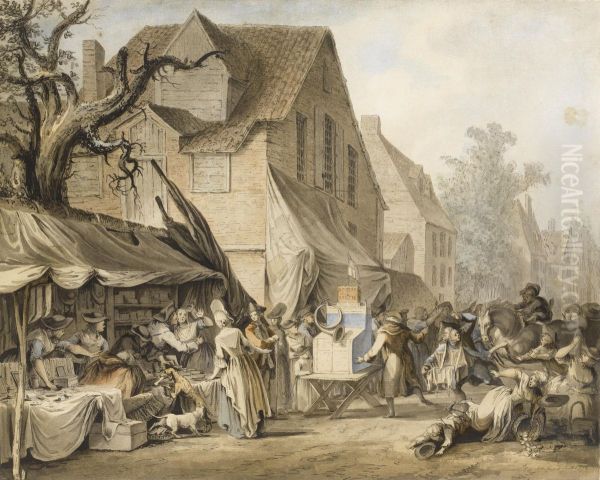 A Market Scene, Mortlake Oil Painting by Samuel Hieronymus Grimm