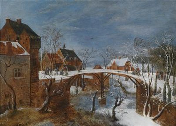 Winter Landscape With A Flemish Town Oil Painting by Jacob Grimmer