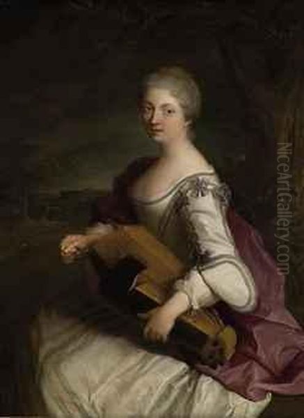 Portrait Of A Lady, Three-quarter-length, In A White Dress Withblue Bows, And A Violet Mantle, Playing A Hurdy Gurdy, In A Woodedlandscape Oil Painting by Jean-Alexis Grimou