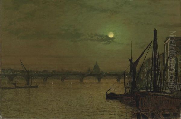 Waterloo Bridge, London, Looking East Oil Painting by John Atkinson Grimshaw