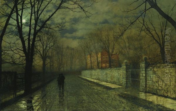 Figures In A Moonlit Lane After Rain Oil Painting by John Atkinson Grimshaw