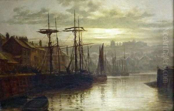 Dock End Whitby Harbour By Moonlight Oil Painting by Louis H. Grimshaw