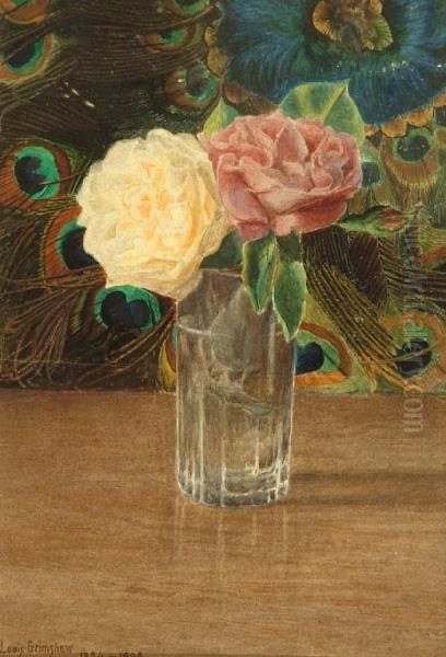 Still Life Of Roses In A Vase Against A Background Of Peacock Feathers Oil Painting by Louis H. Grimshaw