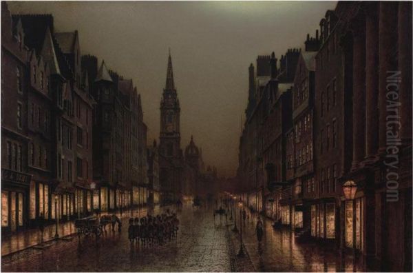 A View Of The Royal Mile, Edinburgh, With A Platoon Of Scotsguards Oil Painting by Louis H. Grimshaw