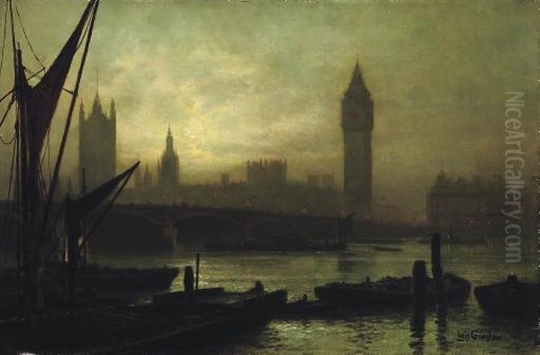 Westminster Bridge, With The Houses Of Parliament Beyond Oil Painting by Louis H. Grimshaw