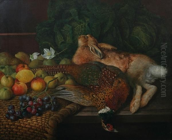 Still-life Of Dead Game, Fruit, And Cabbages On A Table, Signed And Dated 1864 Oil Painting by J. Grimshawe