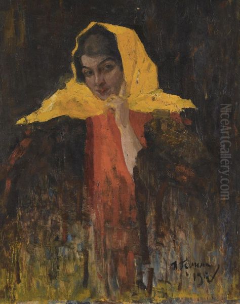 Portrait Of A Lady In A Yellow Shawl Oil Painting by Ilya Abramovich Grinman