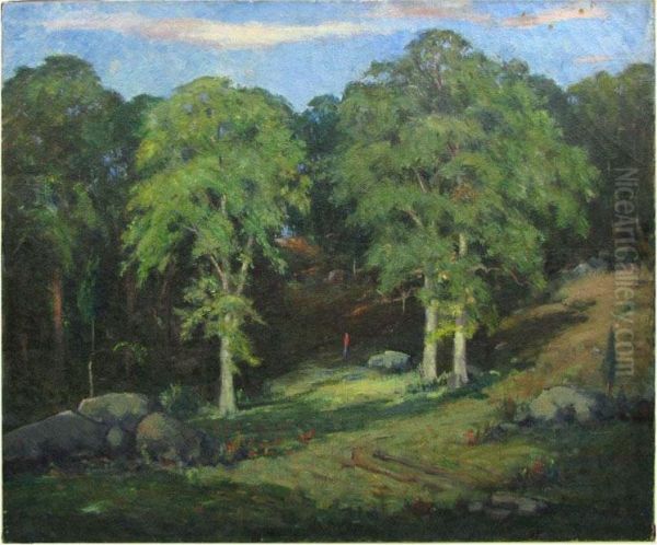 Landscape With Birch Trees And Figure On Path by George Victor Grinnell