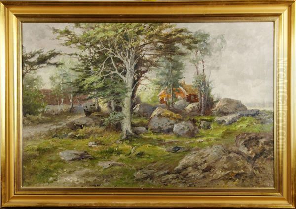 Landskap Med Rod Stuga Oil Painting by Otto Gripensvard