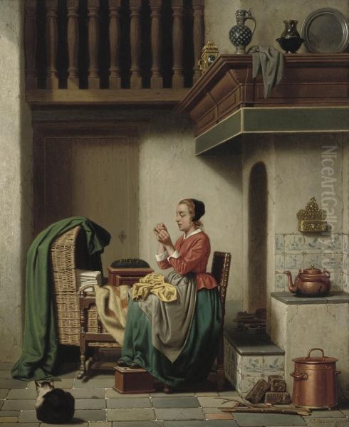 Doing The Needlework Oil Painting by Charles Joseph Grips