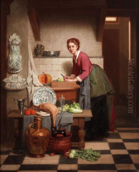 A Woman Preparing Vegetables Oil Painting by Charles Joseph Grips