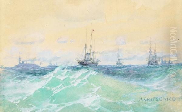 Shipping Through Rough Seas Oil Painting by Nikolai Nikolaievich Gritsenko