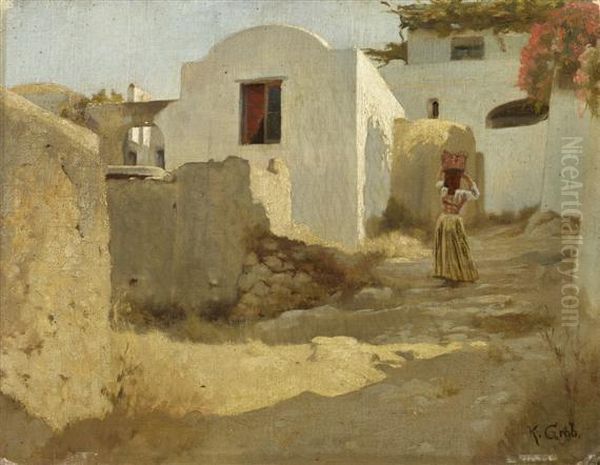 View Of A Mediterranean Village Oil Painting by Conrad Grob