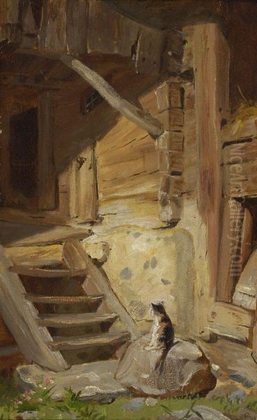 Katze Vor Dem Bauernhaus. Oil Painting by Conrad Grob