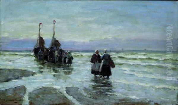 Vissers Bij Schuit Aan Het Katwijkse Strand Oil Painting by German Grobe