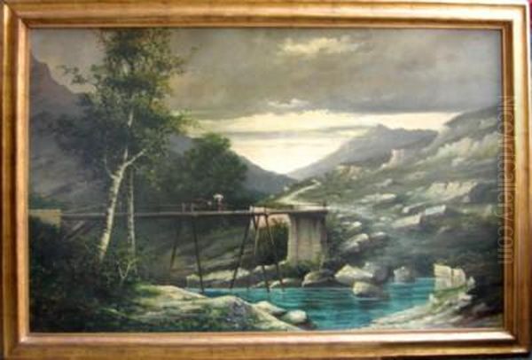 Paesaggio Montagnoso Con Torrente E Ponte Oil Painting by Francois Frederic Grobon