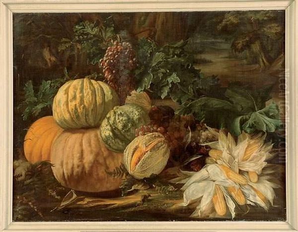 nature Morte Aux Pasteques Et Aux Epis De Mais Dans Un Paysage Oil Painting by Francois Frederic Grobon