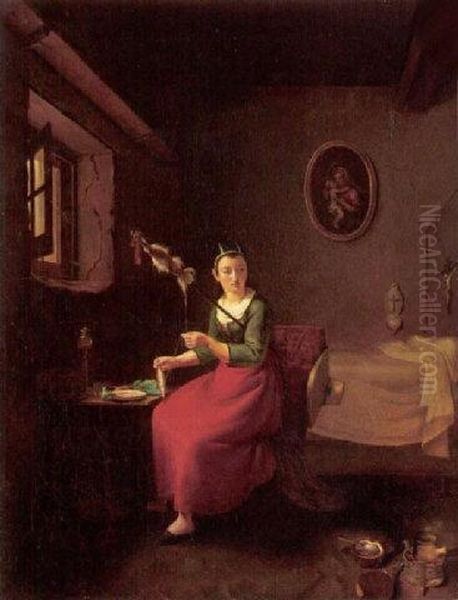 Bedroom Interior With A Young Woman Spinning Woll At Her Desk Oil Painting by Jean Michel Grobon