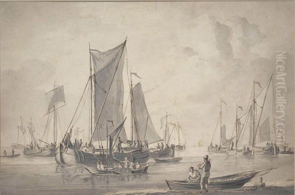 Sailing Vessels At Anchor, Figures In A Skiff In The Foreground Oil Painting by Gerrit Groenewegen