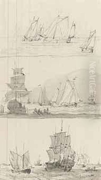 Three Studies Of Dutch Shipping Oil Painting by Gerrit Groenewegen