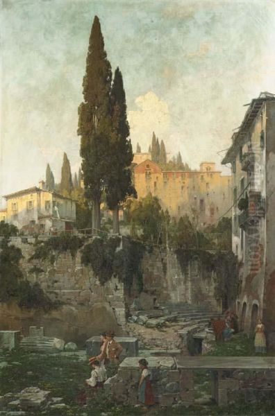 Visitors By Roman Ruins At Dusk Oil Painting by Theodor Groll