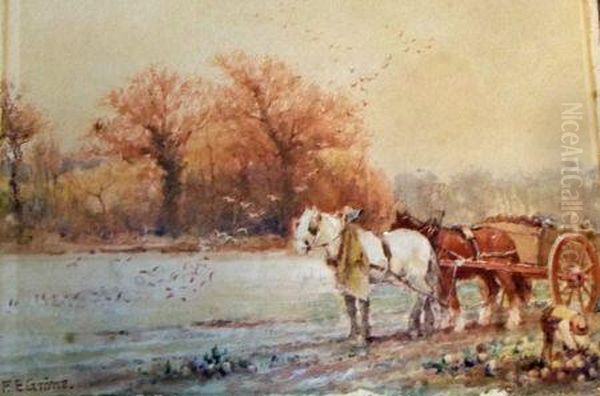 Farmworker With Horses And Cart Oil Painting by Ferdinand E. Grone