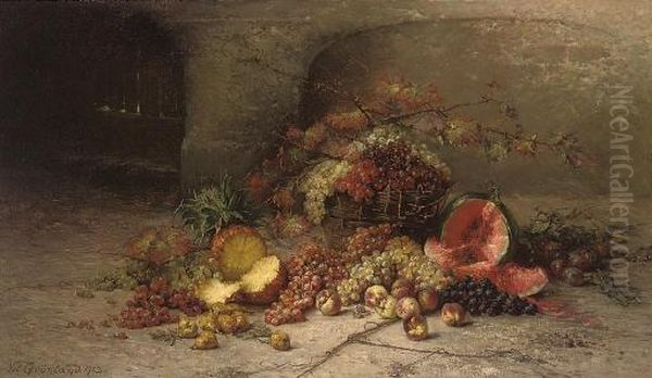 A Pineapple, A Watermelon, A Peach And Grapes In A Basket Oil Painting by Nel Gronland