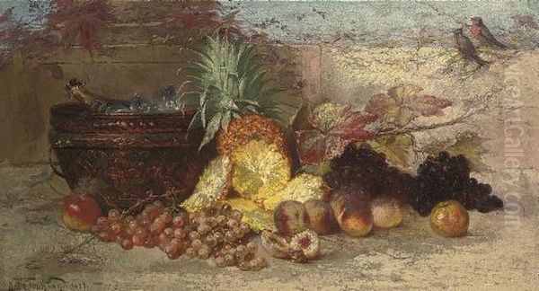 Grapes, Peaches, A Pineapple And Champagne Oil Painting by Nel Gronland