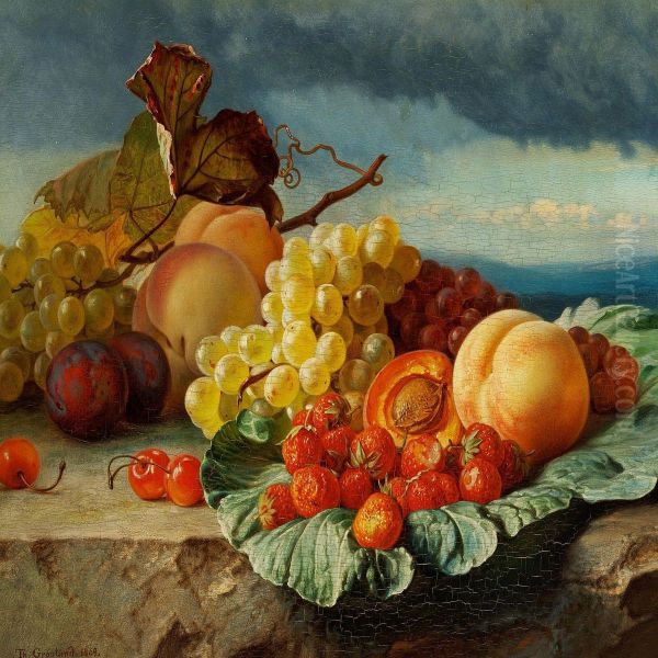 Still Life With Peaches, Strawberries And Grapes In A Landscape Oil Painting by Theude Gronland