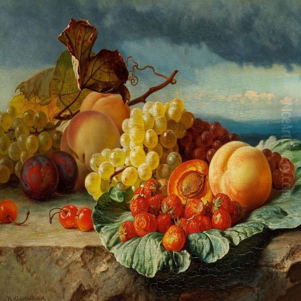 Still Life With Peaches, Strawberries And Grapes In A Landscape Oil Painting by Theude Gronland