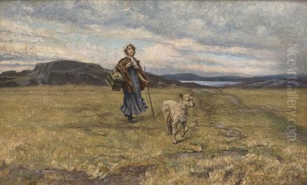 Walking Girl With A Dog Oil Painting by Marcus Gronvold