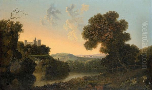 An Extensive River Landscape With A Fishermen On The Banks, A Town Beyond Oil Painting by William Groombridge