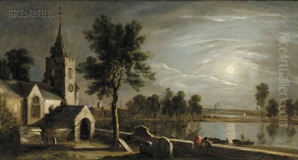 In The Churchyard By The River Under The Light Of The Moon Oil Painting by William Groombridge