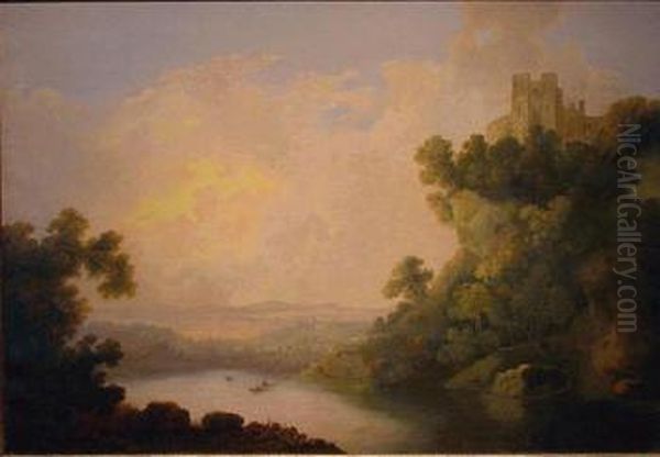 Lake Landscape With Castle Looming Atop A Cliff Oil Painting by William Groombridge