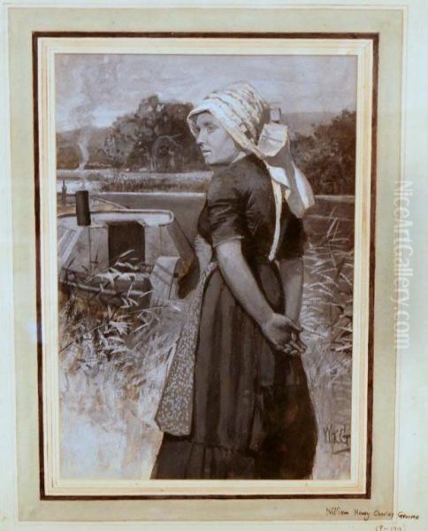 Early 2thc School Watercolour Flemish Woman Beside A Barge, Signed William Henry Charles Groome, Died 1913 Oil Painting by William Henry Charles Groome