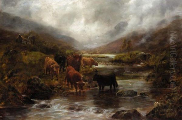 Highland Cattle Watering At A Burn Oil Painting by William Henry Charles Groome