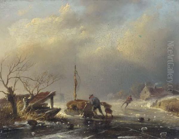 Peasants Pushing A Sledge On A Frozen River Oil Painting by Jan David Geerling Grootveld