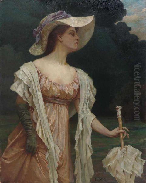 Elegante Dame Mit Schirm In Parklandschaft. Oil Painting by Johanna Luise Groppe