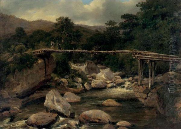 Paisaje Con Puente De Madera Oil Painting by Baron Jean-Baptiste Gros