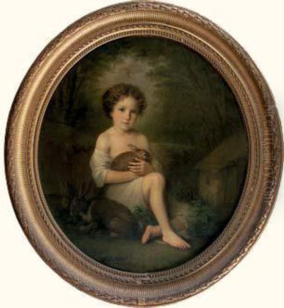 Portrait D'enfant Au Lapin. Oil Painting by Louis Aime Grosclaude